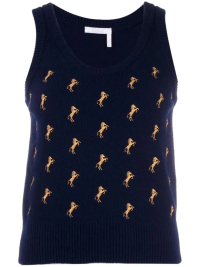 Chloé Navy Horse-embroidered Wool-blend Tank In Blue