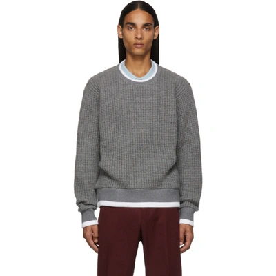 Thom Browne Grey Waffle Wool Relaxed Fit Crewneck Sweater In 035 Med Gry