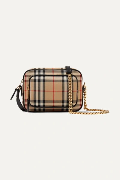 Burberry Leather-trimmed Checked Cotton-canvas Shoulder Bag In Beige