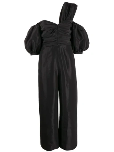 Self-portrait Asymmetrical Neck Taffeta Crop Jumpsuit In Black