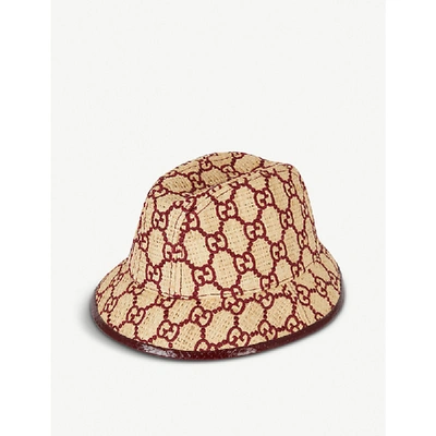 Gucci Raffia Interlocking G Embroidered Bucket Hat In Ivory & Dark Brown