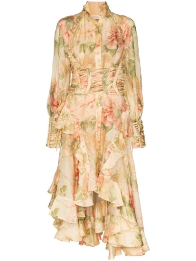 Zimmermann Espionage Floral-print Linen-blend Dress In Neutrals