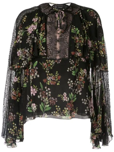 Giambattista Valli Floral-print Lace-trimmed Silk Blouse In Black