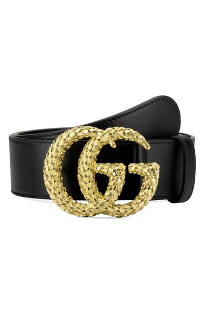 Gucci Leather Belt W/ Textured Double G Buckle In Nero