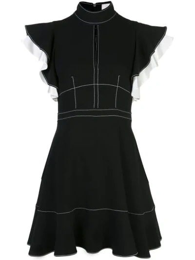 Cinq À Sept Cinq A Sept Reika Topstitched Ruffled Dress In Black/ivory