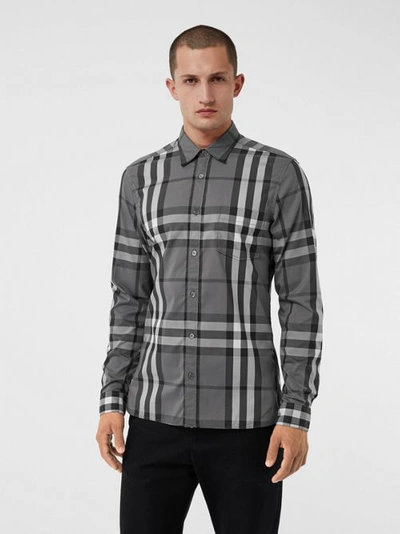 Burberry Check Stretch Cotton Shirt In Charcoal