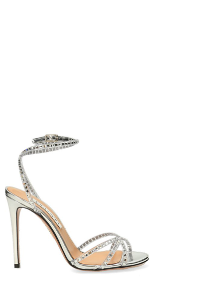Aquazzura Tequila 105 Crystal-embellished Pvc And Metallic Leather Sandals In Silver