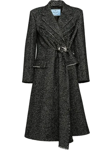 Prada Chevron Tweed Wool-blend Cinched Coat In F0002 Black | ModeSens