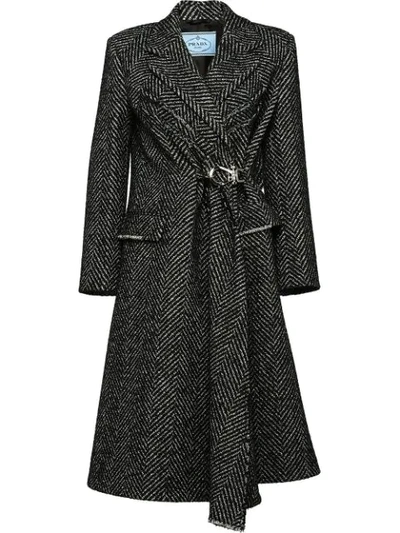 Prada Chevron Tweed Wool-blend Cinched Coat In Black