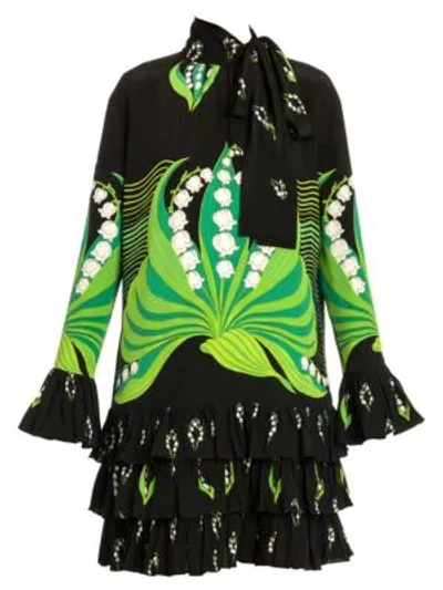 Valentino Lily Of The Valley Print Silk Dress In Black Green