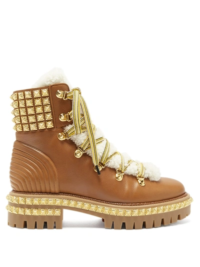 Christian Louboutin Yeti Donna Shearling-trimmed Studded Leather Ankle Boots In Natural