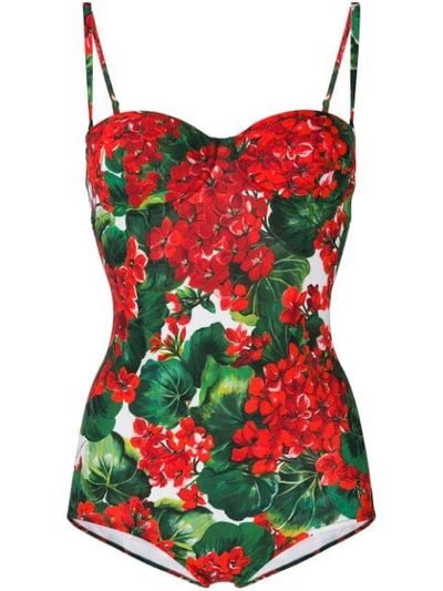 Dolce & Gabbana Cutout Floral-print Underwired Swimsuit In Red