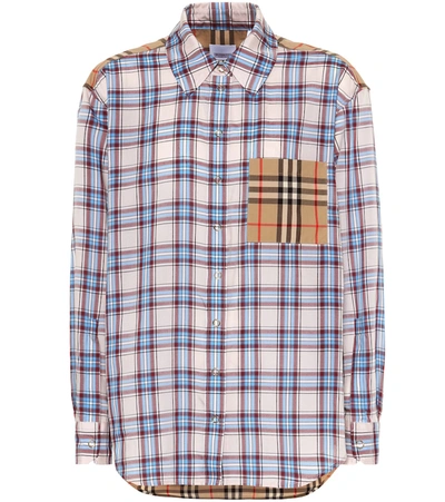 Burberry Paneled Checked Lyocell And Cotton-poplin Shirt In Light Blue,beige,brown