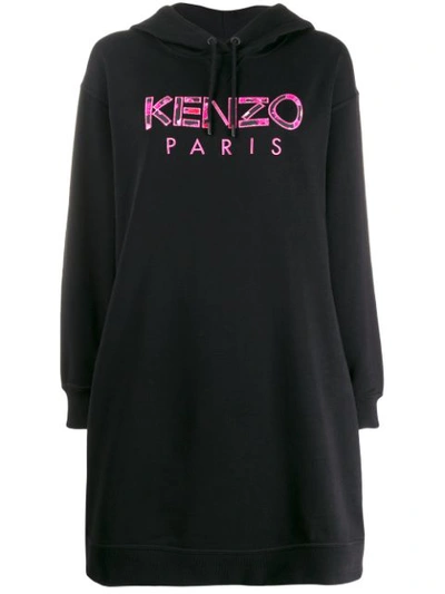 Kenzo Oversized Hooded Appliquéd Cotton-jersey Mini Dress In Black