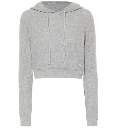 Alo Yoga Getaway Cropped Mélange Brushed-jersey Hoodie In Gray