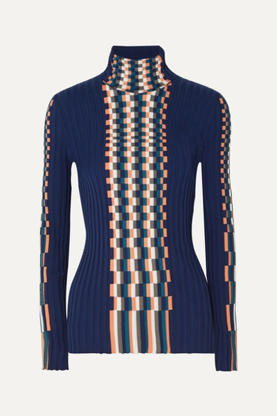 Loewe Ribbed Intarsia Cotton Turtleneck Sweater In Blue/ Multi