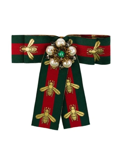 Gucci Pearl-encrusted Web-stripe Bow Brooch In Green