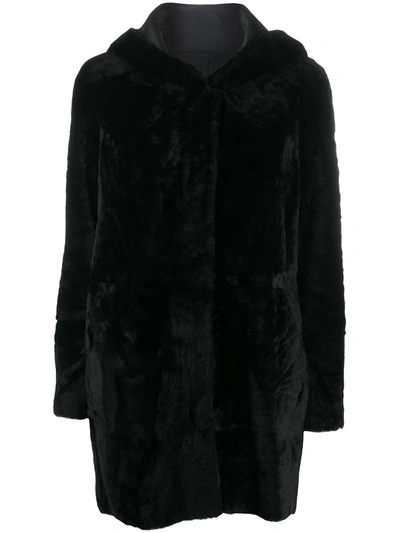 Drome Reversible Shearling Hooded Coat In Black