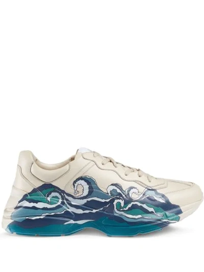Gucci Men's Rhyton Leather Sneaker With Wave In White