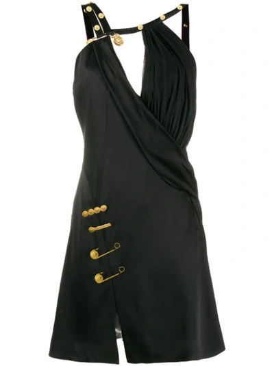 Versace Baroque Safety-pin Draped-satin Mini Dress In Black