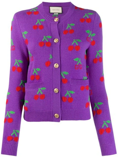 Gucci Gg Cherry Jacquard Wool Knit Cardigan In Purple