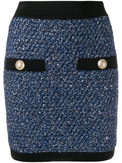Balmain Button-embellished Metallic Tweed Mini Skirt In Blue