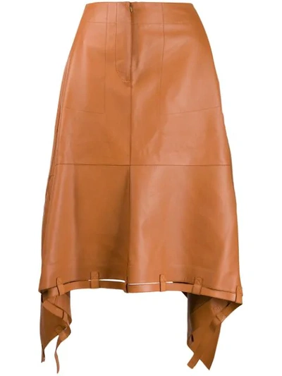 Loewe Asymmetric Leather Midi Skirt In Brown
