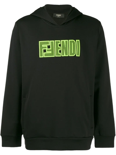 Fendi Mesh Logo Print Hoodie In Black