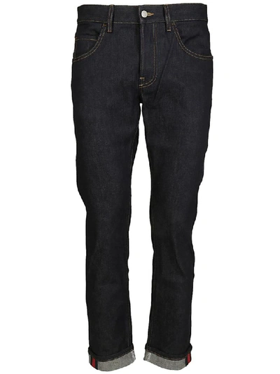Gucci Tapered Denim Pant With Web In Blue