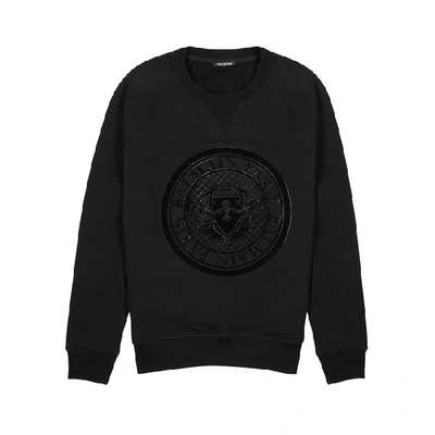 Balmain Crewneck Sweatshirt With Coin Logo Print In Nero