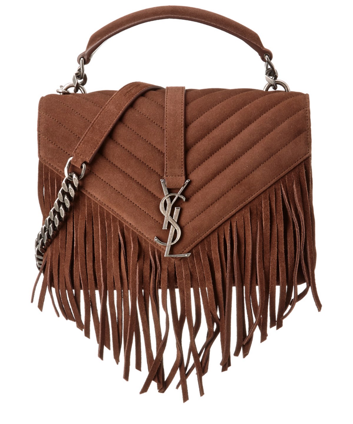 Saint Laurent Medium College Monogram Fringed Suede Crossbody' In Brown