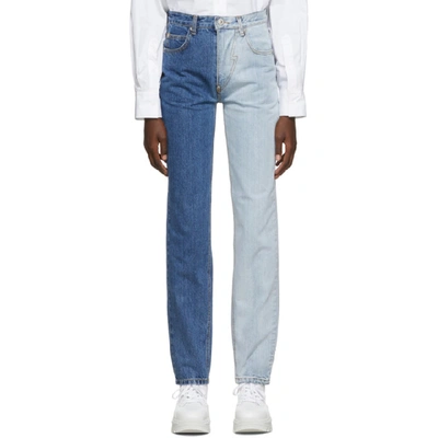 Pushbutton Bicolour Straight Jeans In Blue