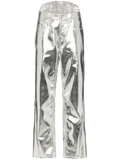 Pushbutton Straight-leg Corseted Metallic Trousers In Silver