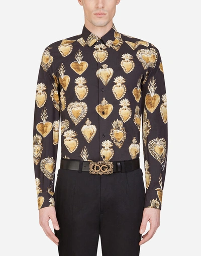 Dolce & Gabbana Cotton Martini-fit Shirt With Sacred Heart Print In Black