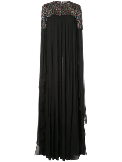 Carolina Herrera Yoke Embellished Silk Cape Gown In Black