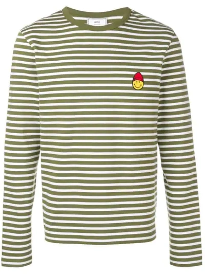 Ami Alexandre Mattiussi Long Sleeved Striped T Shirt With Smiley Patch In Green