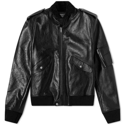 Saint Laurent Leather Shearling Bomber Jacket In Black