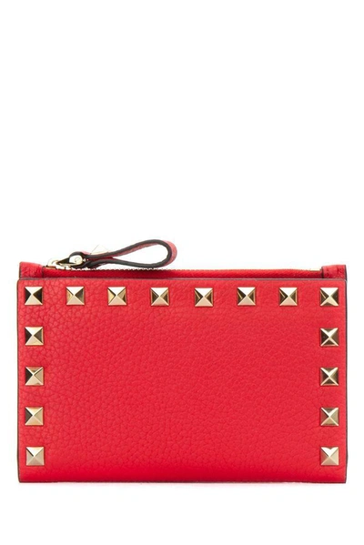 Valentino Garavani Rockstud Calfskin Coin Purse And Cardholder In Red