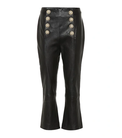 Balmain High-rise Cropped Leather Pants In Black