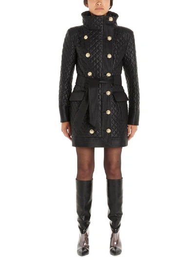Balmain Quilted Double Breasted Coat In Black