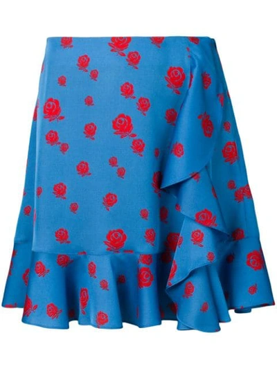 Kenzo Ruffled Rose-print Short Skirt In Blue