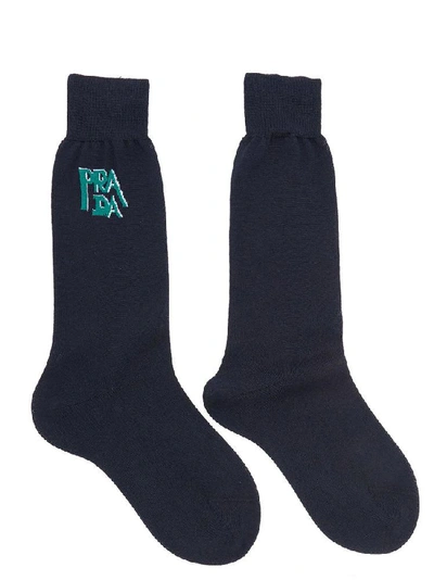 Prada Logo Embroidered Socks In Navy