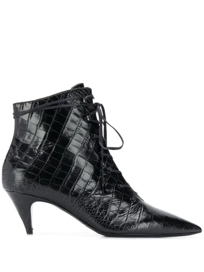 Saint Laurent Charlotte Lace-up Crocodile-effect Leather Boots In Black