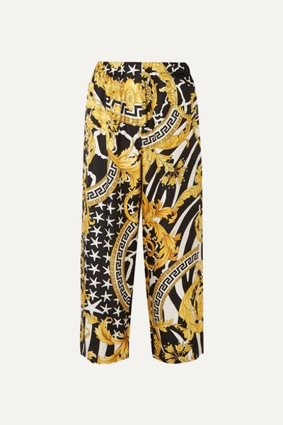 Versace Baroque-print High-rise Wide Silk Trousers In Gold Print