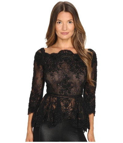 Marchesa - Off The Shoulder Beaded Lace Peplum Top With 3/4 Sleeves And Lace Ladder Detail (black) W
