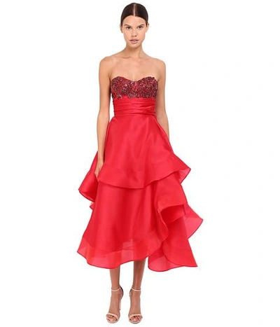 Marchesa Strapless Satin-faced Organza Tea-length Gown With Crystal Encrusted Bustier And Multilayered Cascad