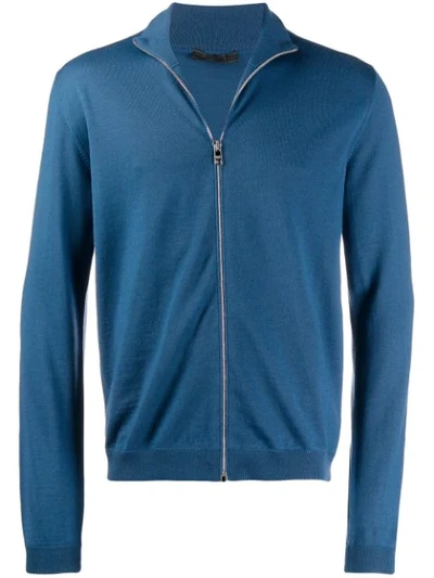 Prada High Neck Zip Front Cardigan In Blue