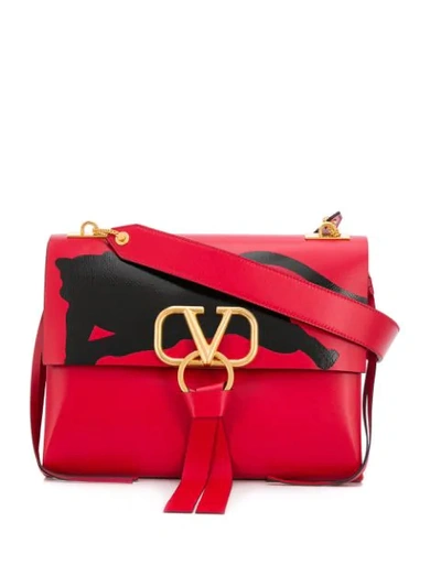 Valentino Garavani V Ring Medium Shoulder Bag With Karung Panther In Red