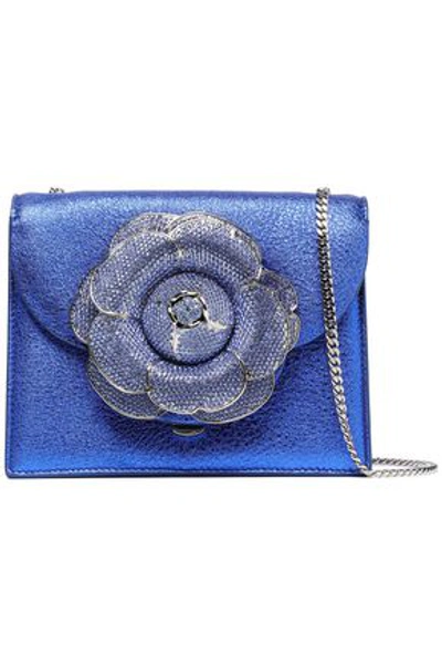 Oscar De La Renta Floral-appliquéd Metallic Cracked-leather Shoulder Bag In Bright Blue