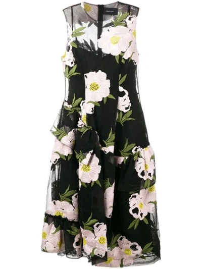 Simone Rocha Floral-embroidered Cotton-blend Tulle Midi Dress In Black